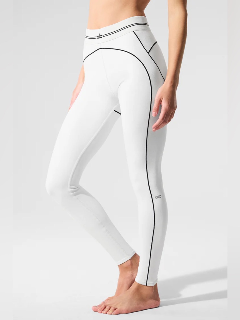 ALO Yoga White High-Waist Leggings with Black Piping